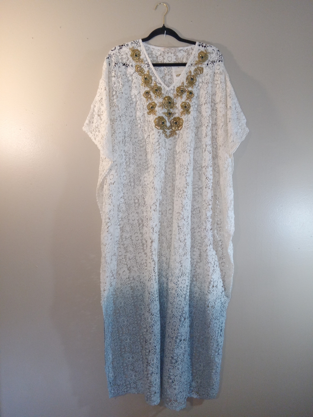 Soft Surroundings White Lace Caftan with Gold Beaded Neckline and Blue Ombre